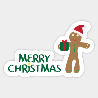 Merry Christmas logo with Yellow star, gingerbread man cookie wearing santa hat,  holding gift on white background Sticker